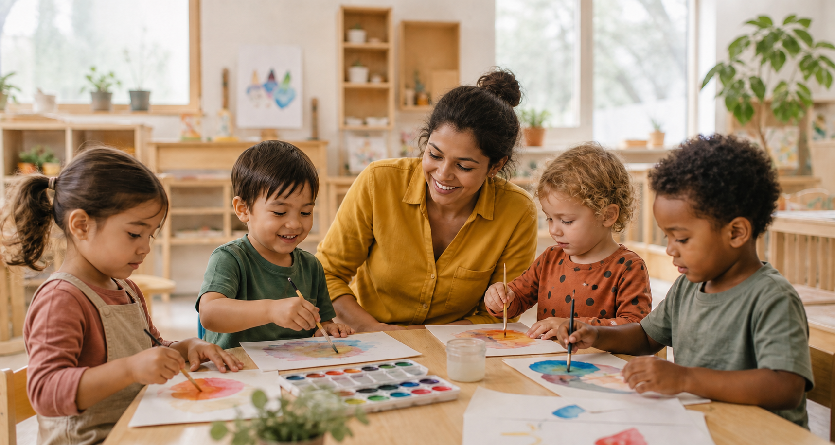 A fictional Indian teacher painting with four preschool children in a bright classroom